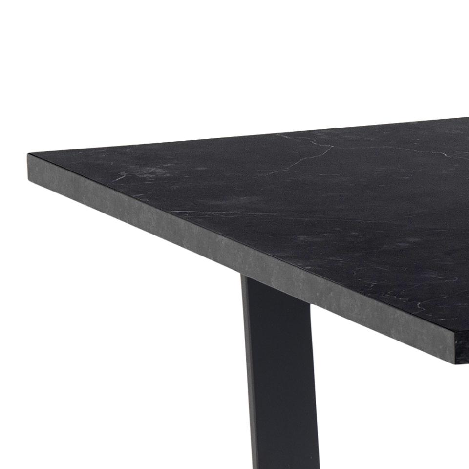 Amble rectangular dining table, top black marble Izmir melamine, sledge base matt black rough powder coated steel, 160x90x74 cm