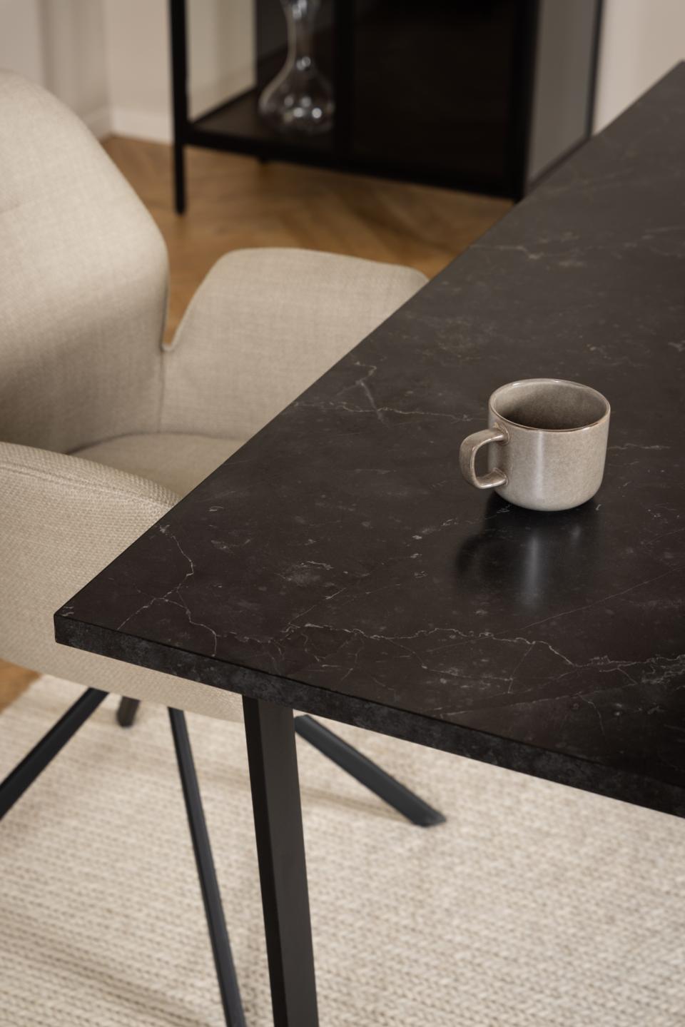 Amble rectangular dining table, top black marble Izmir melamine, sledge base matt black rough powder coated steel, 160x90x74 cm