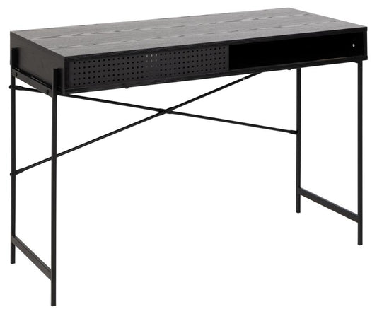 Angus rectangular office desk, top ash black rough melamine, base matt black rough powder coated steel, with metal mesh, open compartment, sliding door and wire hole, 110x50x75 cm