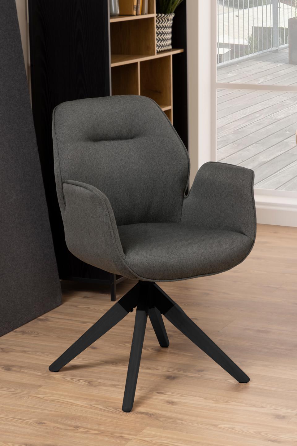 Aura dining chair with armrest, Town fabric dark grey 33, 4-star base matt black NC lacquered rubberwood, with auto-return