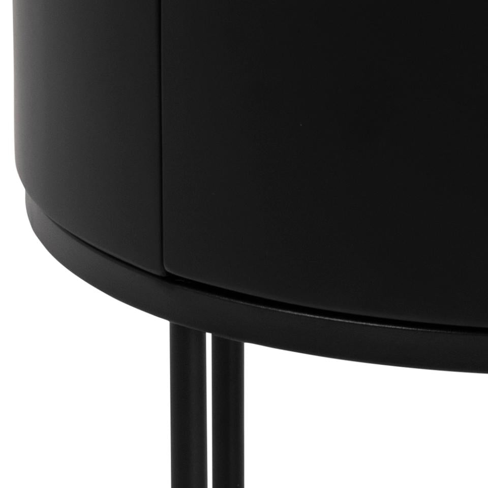 Polo round bedside table, top and drawer black PU painted MDF, base matt black rough powder coated steel, Ø40x51 cm