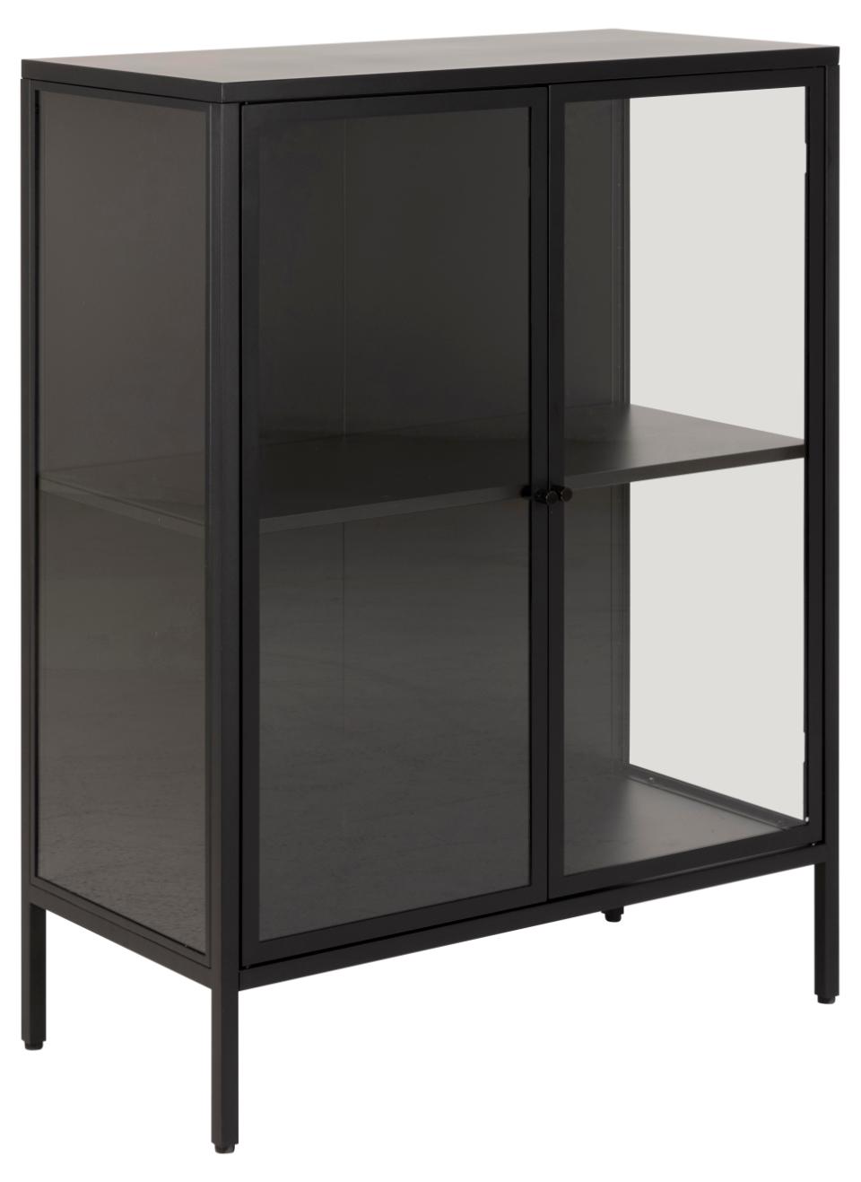 Newcastle display cabinet, top, frame, shelf and base matt black rough powder coated steel, 2 doors clear tempered glass and matt black rough powder coated steel, 80x40x98,7 cm