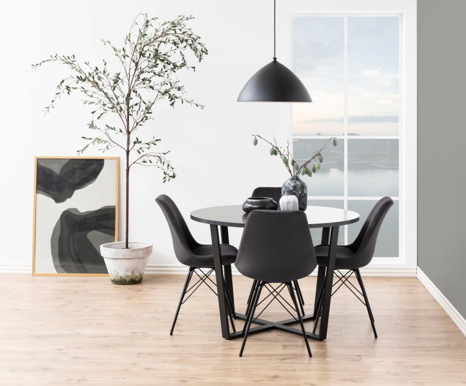 Amble round dining table, top black marble Izmir melamine, base matt black rough powder coated steel, Ø110x75 cm