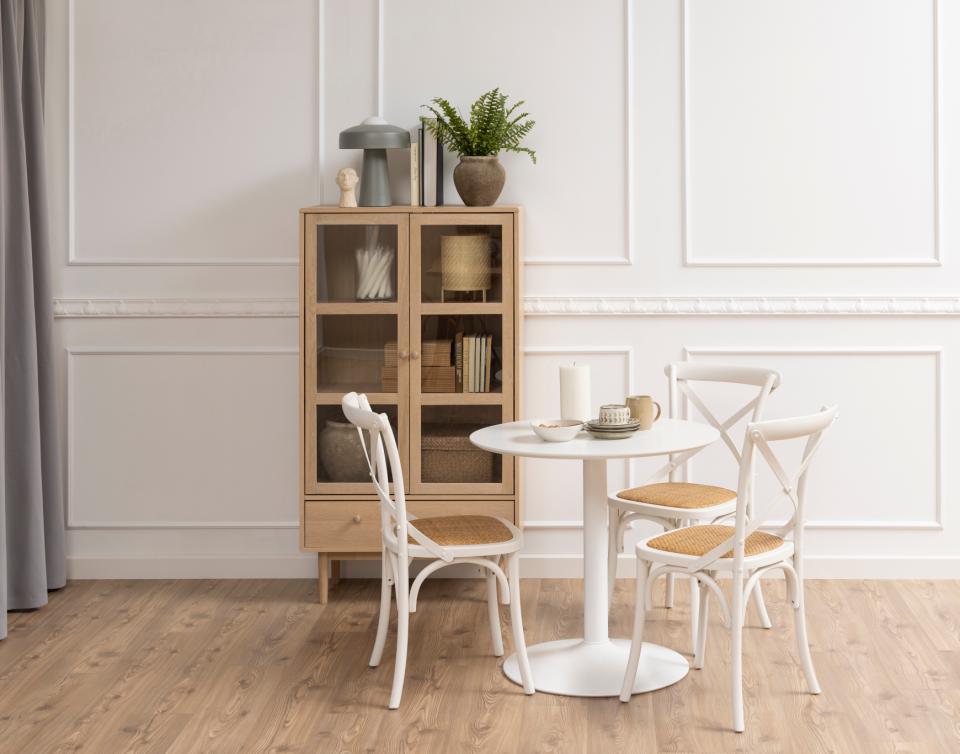 Aston display cabinet, top, frame, drawer and 2 shelves white pigmented oiled oak veneer, 2 doors clear tempered glass and white pigmented oiled oak veneer, base white pigmented oiled oak, with metal runners, 80x40x144,8 cm