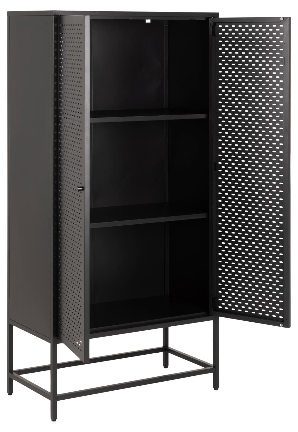 Newcastle cabinet, top, frame, 2 doors, 2 shelves and base matt black rough powder coated steel, with metal mesh, 80x40x160 cm