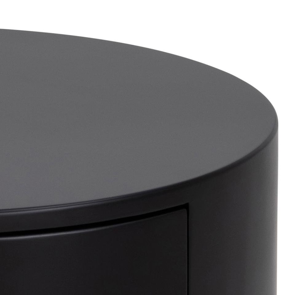 Polo round bedside table, top and drawer black PU painted MDF, base matt black rough powder coated steel, Ø40x51 cm