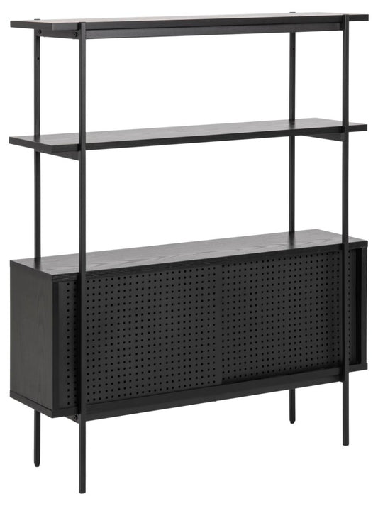 Angus bookcase, frame, 2 doors and base matt black rough powder coated steel, shelf ash black rough melamine, with metal mesh and sliding door, 94x27x113,8 cm