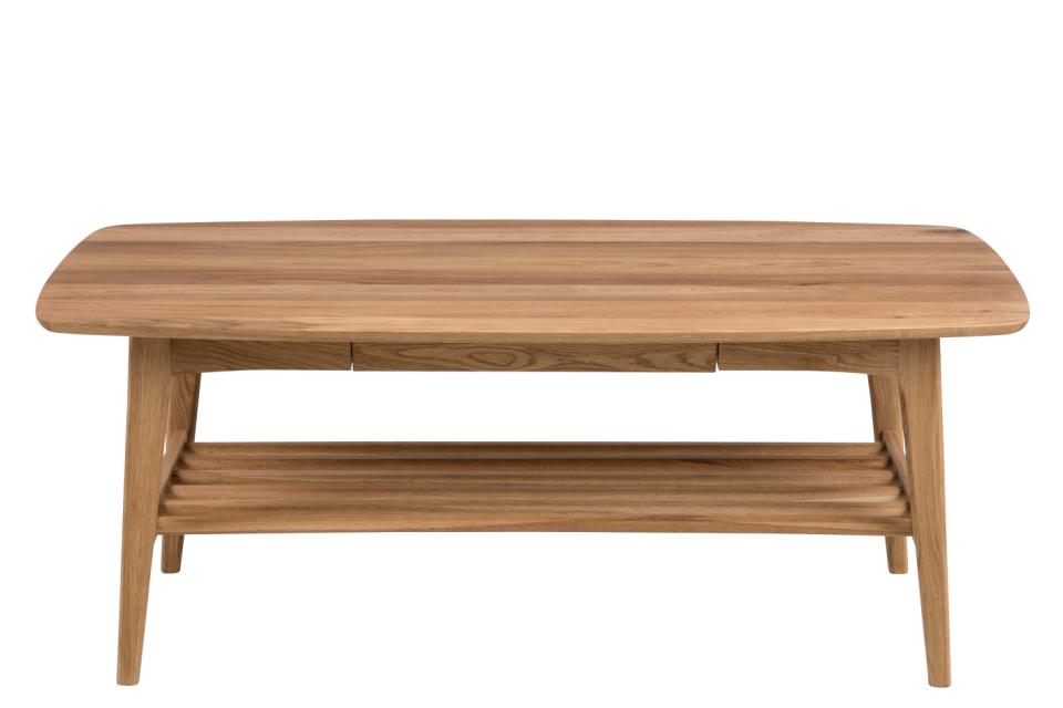 Emma rectangular coffee table, top and drawer oak oiled veneer, shelf and base oiled oak, 130x70x51 cm