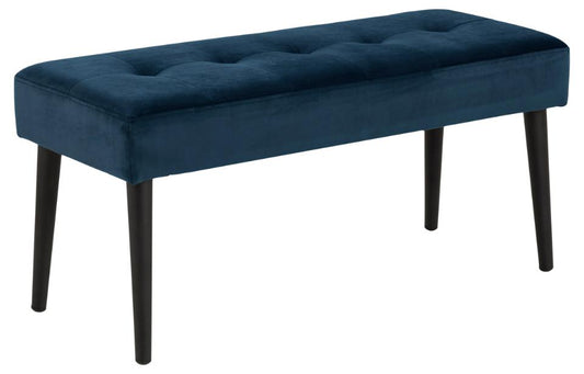 Glory bench, Vic fabric navy blue 66, base matt black rough powder coated steel, with tuftings, 95x38x45 cm