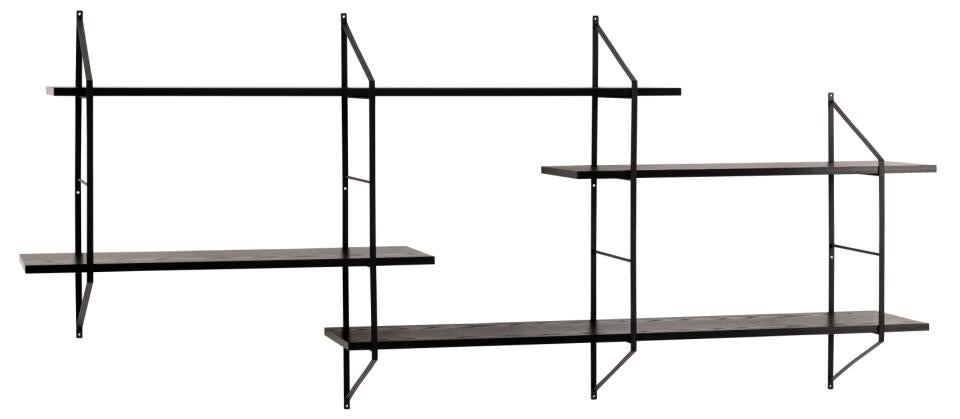 Belfast rectangular wall shelf, frame matt black powder coated steel, 4 shelves ash black rough melamine, with asymmetrical detail, 191x25,5x79 cm