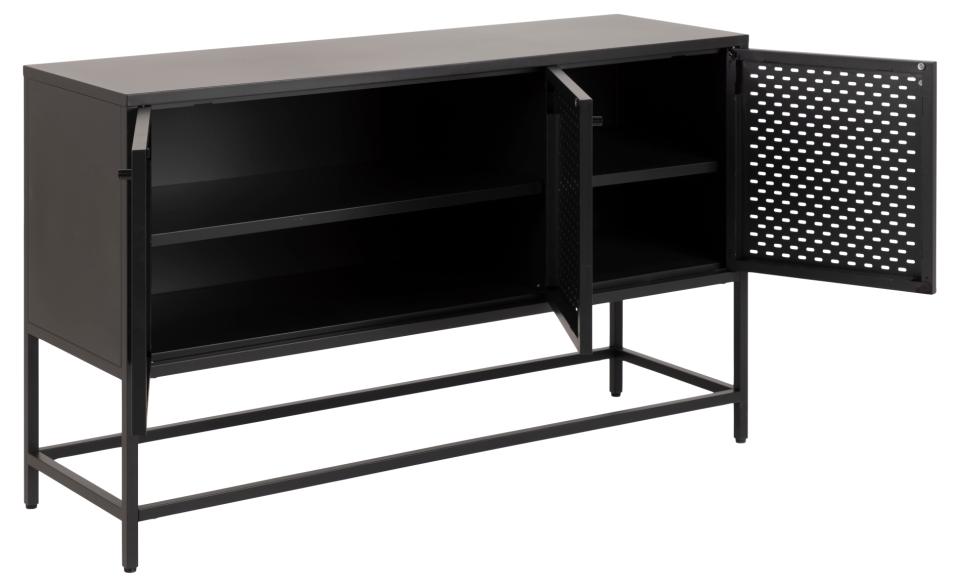 Newcastle sideboard, top, frame, 3 doors, 2 shelves and base matt black rough powder coated steel, with metal mesh, 125x40x75 cm