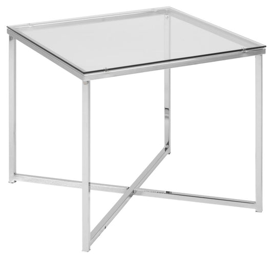 Cross square side table, top clear tempered glass, base chrome steel, 50x50x45 cm