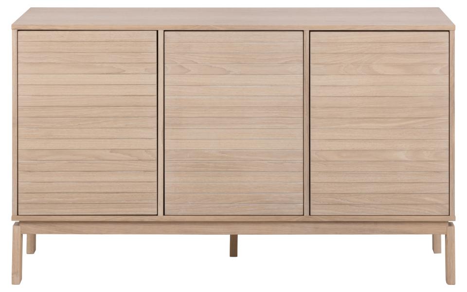 Linley sideboard, top, frame, 3 doors and 3 shelves white pigmented oiled oak veneer, base white pigmented oiled oak, with lamella front and push to open function, 135,4x40x80 cm