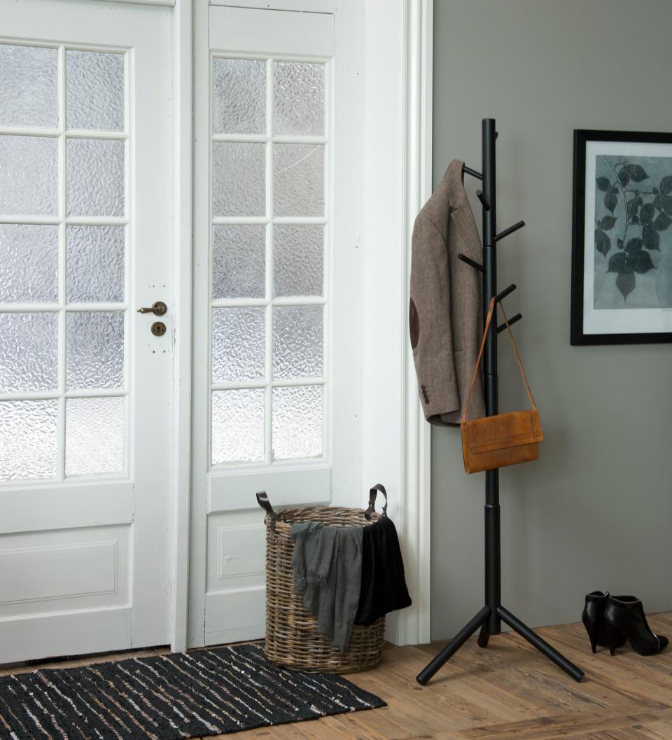 Bremen coat hanger, frame and base black NC lacquered rubberwood, with asymmetrical detail, 51x45x176 cm