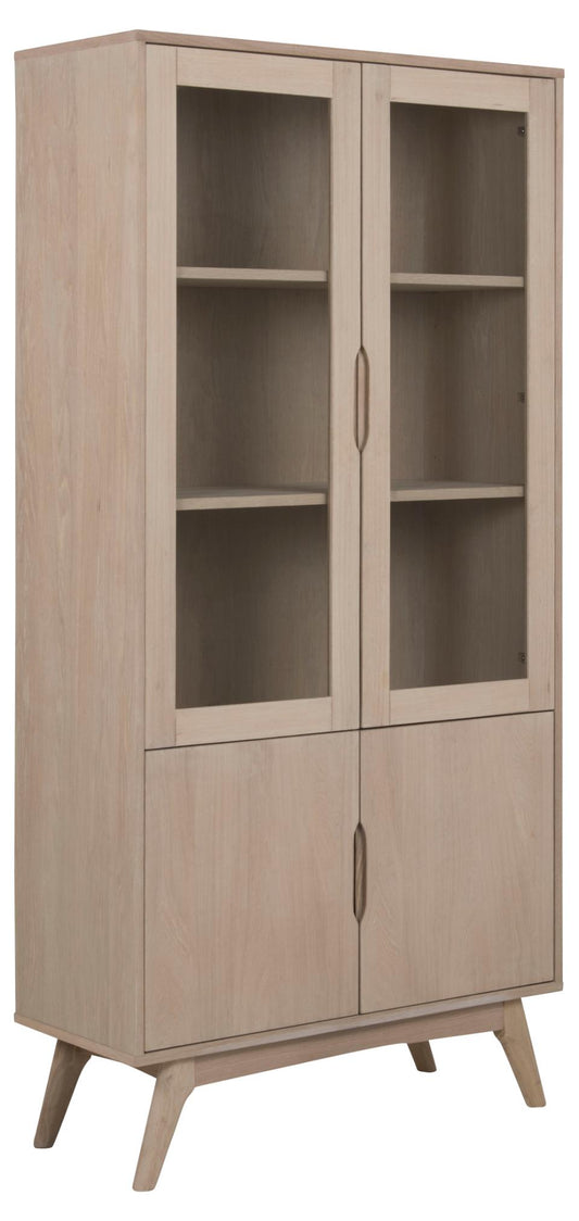 Marte display cabinet, top, frame and 3 shelves white pigmented oiled oak veneer, 4 doors white pigmented oiled oak veneer and clear tempered glass, base white pigmented oiled oak, 94x40x192 cm