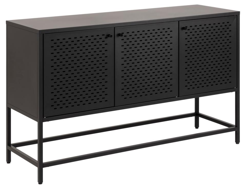 Newcastle sideboard, top, frame, 3 doors, 2 shelves and base matt black rough powder coated steel, with metal mesh, 125x40x75 cm