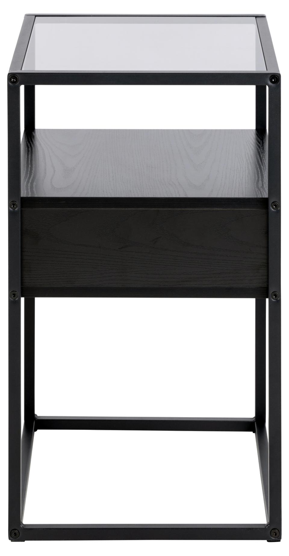 Randolf square bedside table, top smoked tempered glass, drawer and shelf ash black rough melamine, base matt black rough powder coated steel, with open compartment, 40x35x60 cm