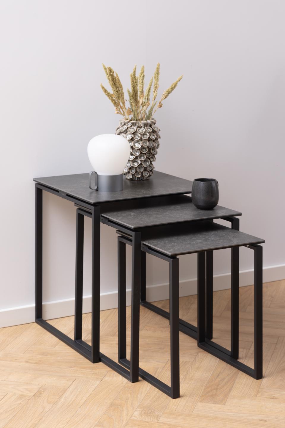 Katrine square nest of tables, top black Fairbanks rough ceramic, sledge base matt black rough powder coated steel, with set of 3 pcs, 50x50x55 cm