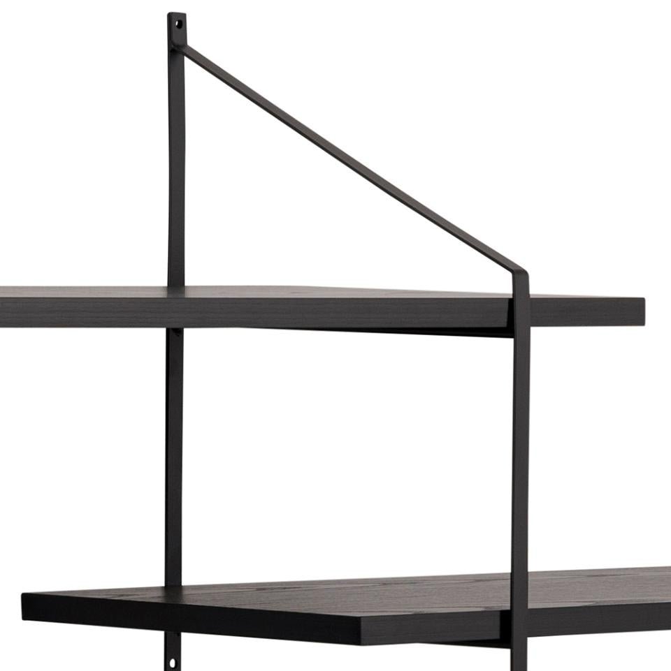 Belfast rectangular wall shelf, frame matt black powder coated steel, 4 shelves ash black rough melamine, with asymmetrical detail, 191x25,5x79 cm