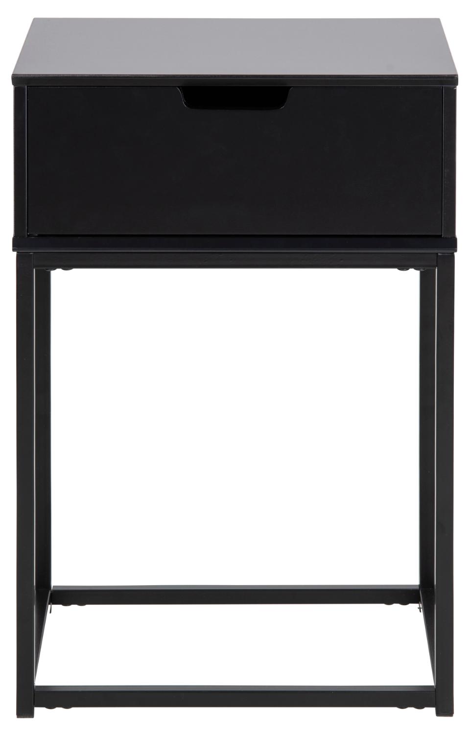 Mitra rectangular bedside table, top and drawer black UV painted MDF, base black powder coated steel, 40x30x61,5 cm