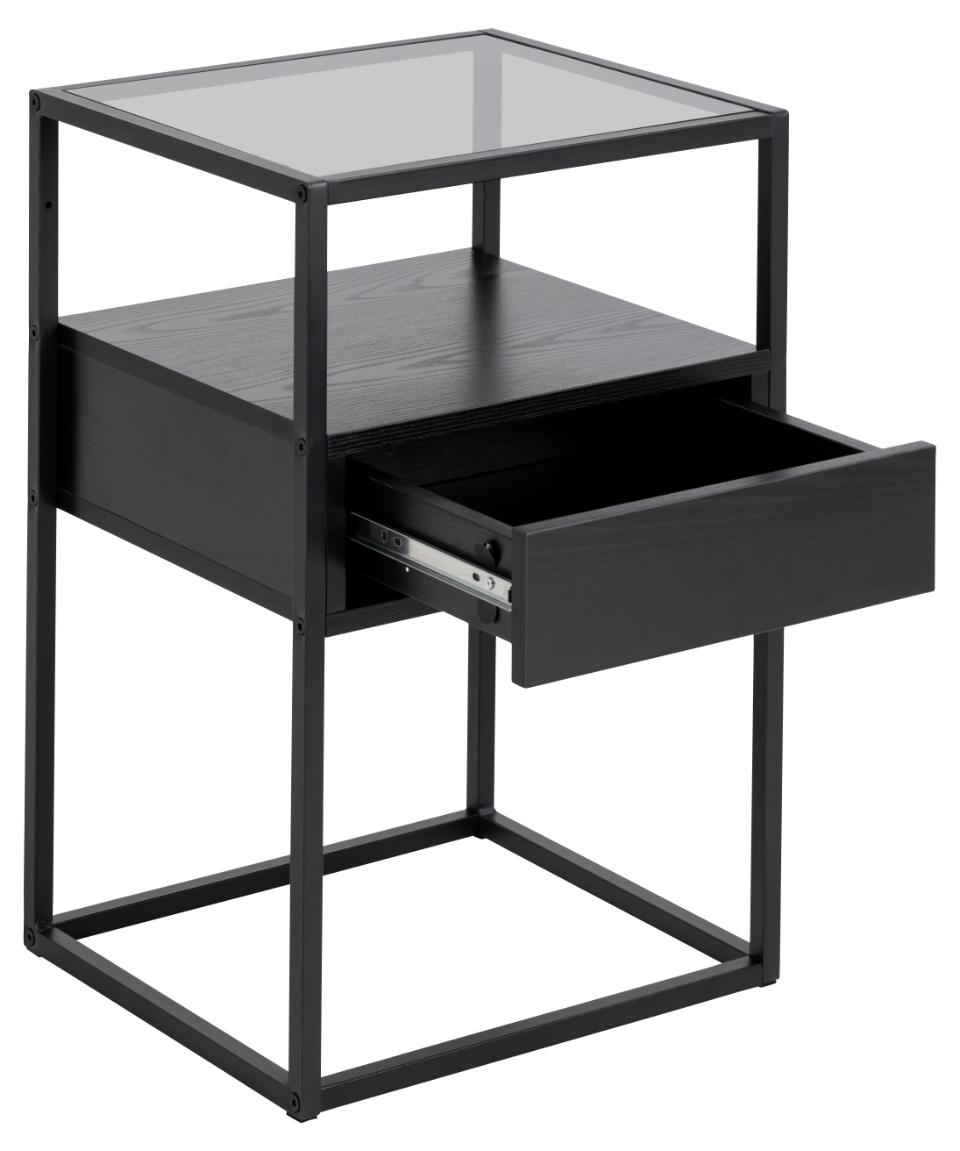 Randolf square bedside table, top smoked tempered glass, drawer and shelf ash black rough melamine, base matt black rough powder coated steel, with open compartment, 40x35x60 cm