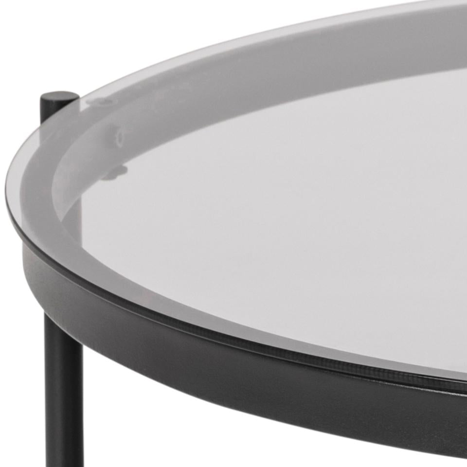 Bayonne round coffee table, top and shelf smoked tempered glass, base matt black rough powder coated steel, Ø79x42 cm