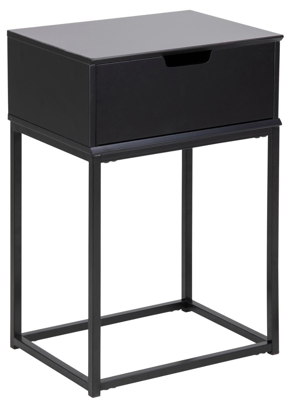 Mitra rectangular bedside table, top and drawer black UV painted MDF, base black powder coated steel, 40x30x61,5 cm