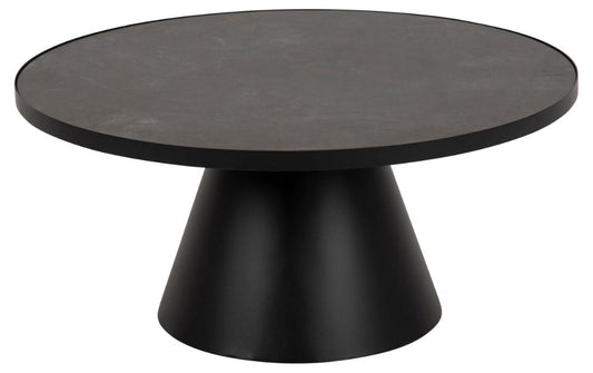 Soli round coffee table, top black Fairbanks rough ceramic, pillar base matt black rough powder coated steel, Ø85,7x40 cm