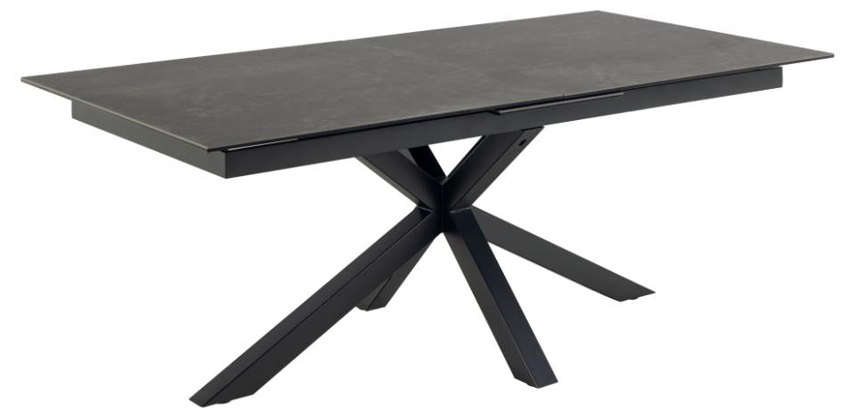 Heaven rectangular dining table, top black Fairbanks rough ceramic, cross base matt black rough powder coated steel, with extension leaf storage and synchronous extension, 200/240x100x76 cm