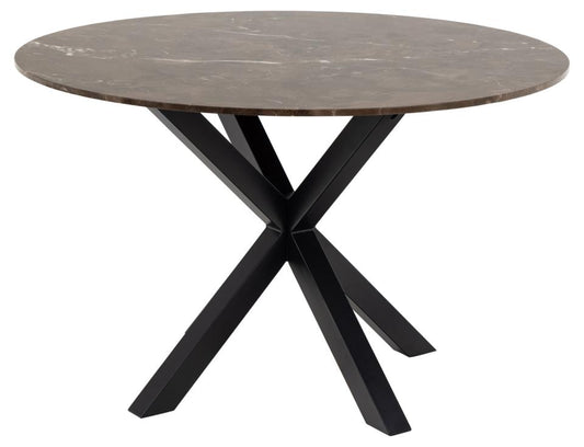 Heaven round dining table, top brown Emperador polished marble, cross base matt black rough powder coated steel, Ø120x75,5 cm