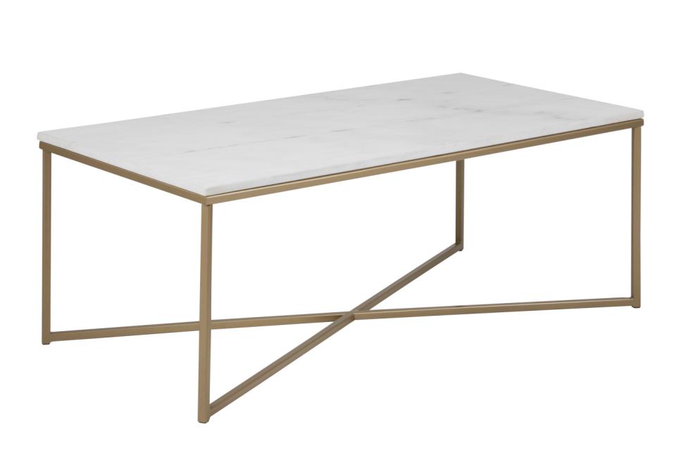 Alisma rectangular coffee table, top white Guangxi polished marble, base brass liquid coated steel, 120x60x46 cm