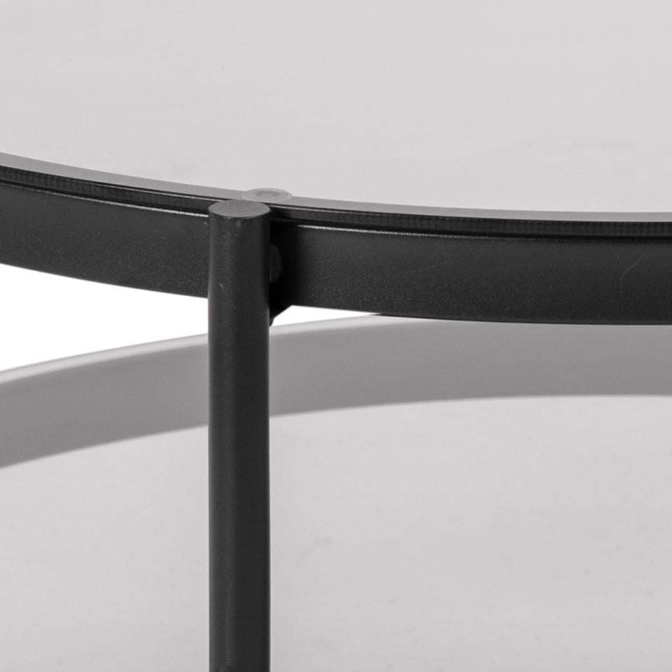 Bayonne round coffee table, top and shelf smoked tempered glass, base matt black rough powder coated steel, Ø79x42 cm