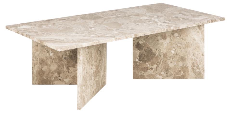 Vega rectangular coffee table, top and V-shape base matt Latte brown lacquered marble, 140x70x42 cm