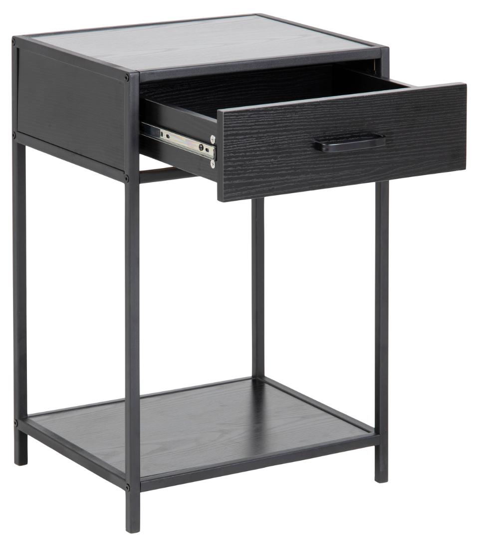 Seaford rectangular bedside table, top, drawer and shelf ash black rough melamine, base matt black rough powder coated steel, with metal runners, 42x35x63 cm