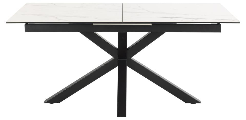 Heaven rectangular dining table, top white Akranes rough ceramic, cross base matt black rough powder coated steel, with extension leaf storage and synchronous extension, 168/210x90x76 cm