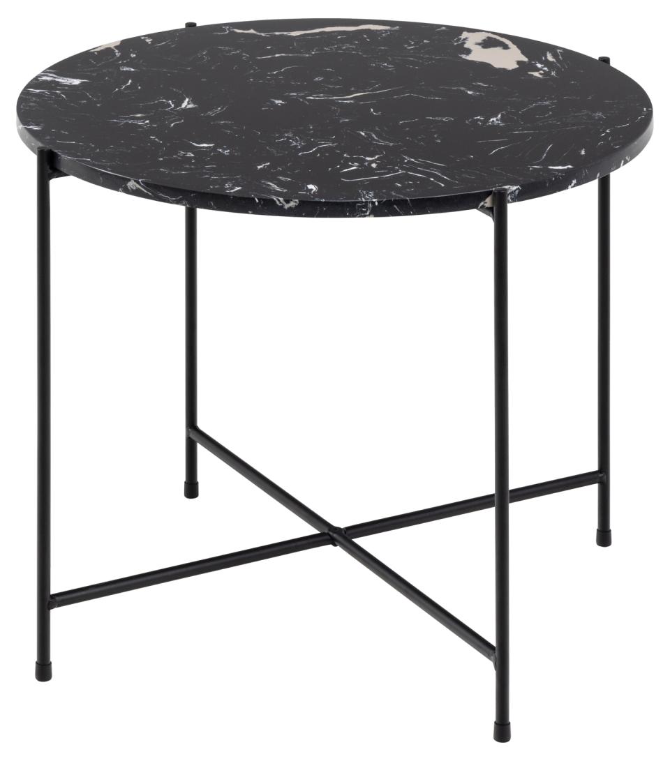 Avila round side table, top black polished art. marble stone, base matt black rough powder coated steel, Ø52x40 cm