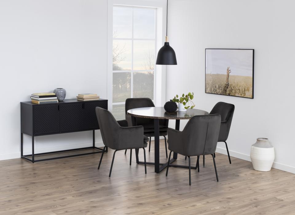 Amble round dining table, top brown marble Delhi melamine, base matt black rough powder coated steel, Ø110x75 cm