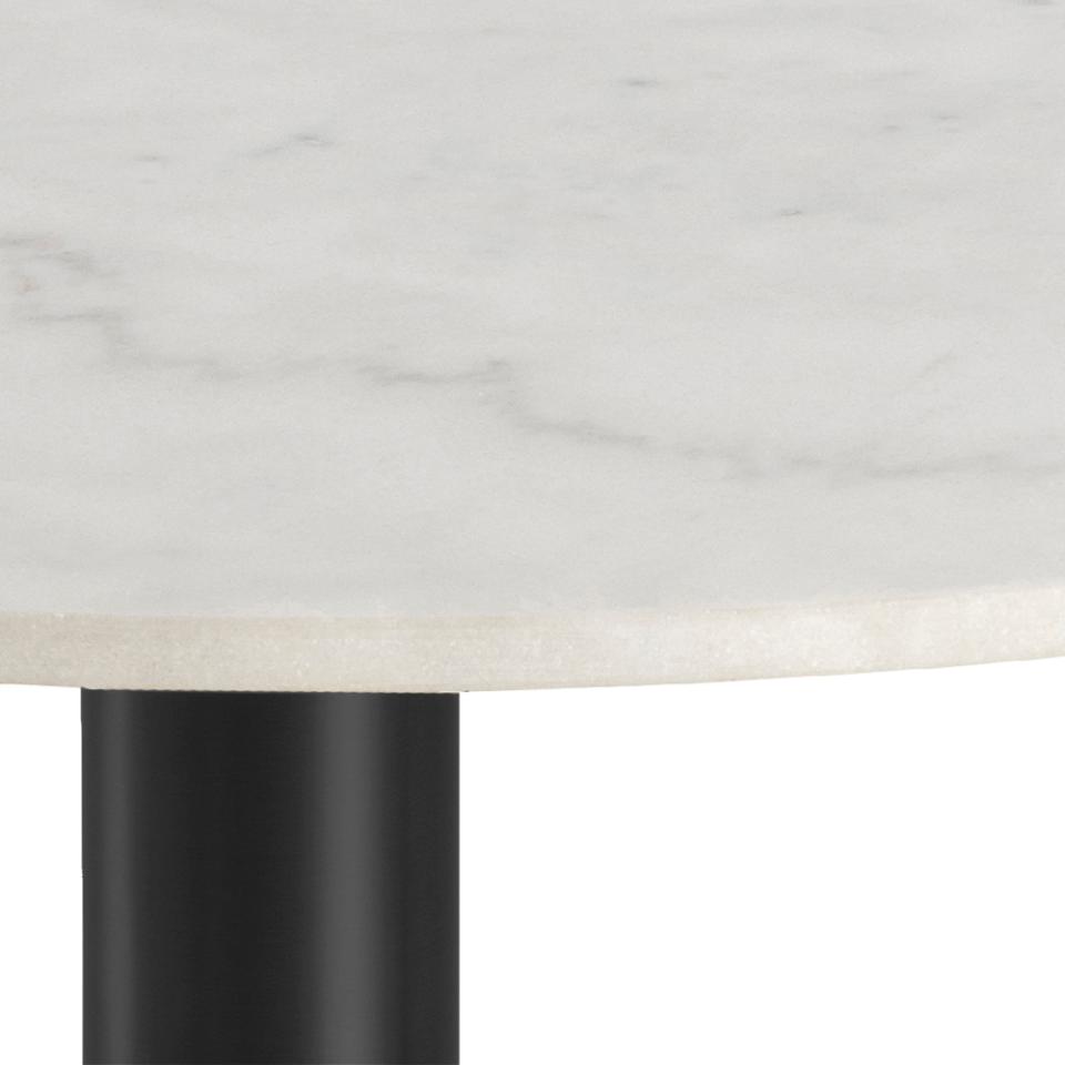 Corby round dining table, top white Guangxi polished marble, disc base matt black rough powder coated steel, Ø105x75 cm