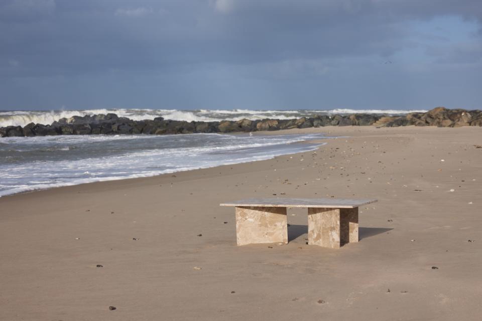 Vega rectangular coffee table, top and V-shape base matt Latte brown lacquered marble, 140x70x42 cm