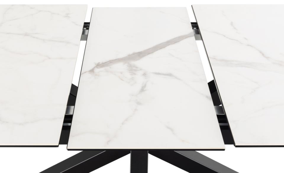 Heaven rectangular dining table, top white Akranes rough ceramic, cross base matt black rough powder coated steel, with extension leaf storage and synchronous extension, 168/210x90x76 cm