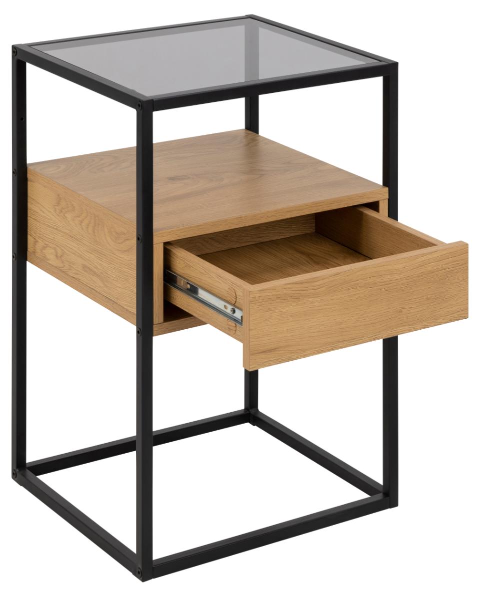 Randolf square bedside table, top smoked tempered glass, drawer and shelf matt wild oak rough melamine, base matt black rough powder coated steel, with open compartment, 40x35x60 cm