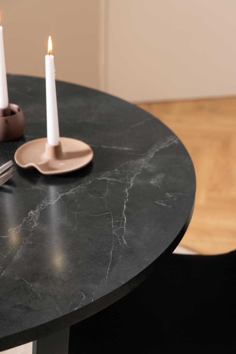 Amble round dining table, top black marble Izmir melamine, base matt black rough powder coated steel, Ø110x75 cm