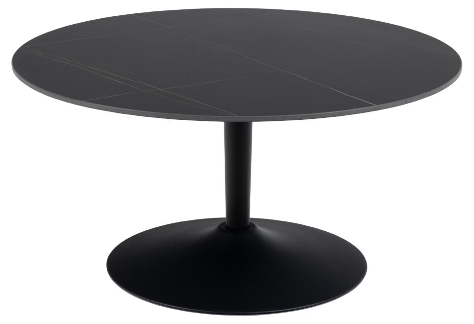 Malta round coffee table, top matt black Grantham ceramic, trumpet base matt black rough powder coated steel, Ø90x45 cm