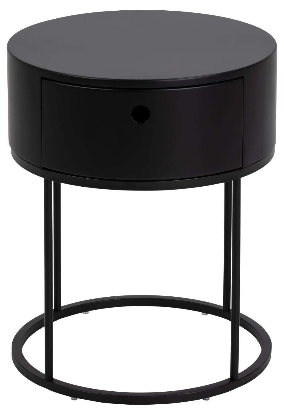 Polo round bedside table, top and drawer black PU painted MDF, base matt black rough powder coated steel, Ø40x51 cm