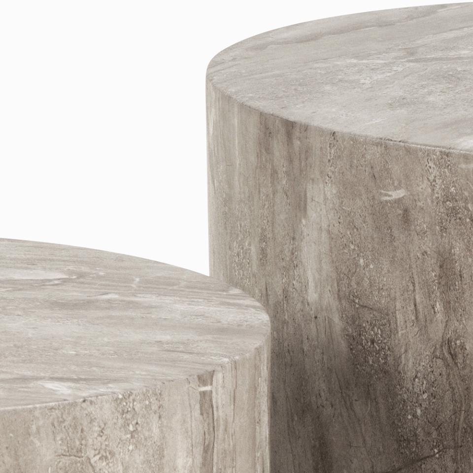 Dice round coffee table set, top and base grey marble River rough paper, with set of 2 pcs, Ø58x40 cm