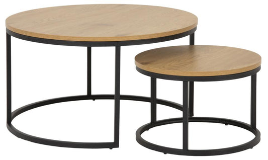 Spiro round coffee table set, top matt wild oak rough melamine, base matt black rough powder coated steel, with set of 2 pcs, Ø80x44,5 cm