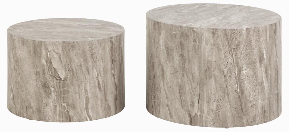 Dice round coffee table set, top and base grey marble River rough paper, with set of 2 pcs, Ø58x40 cm