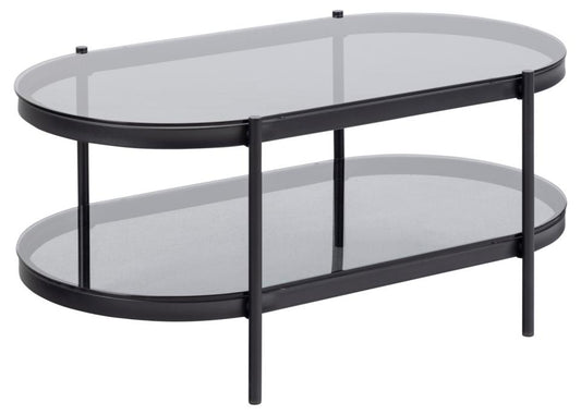 Bayonne oval coffee table, top and shelf smoked tempered glass, base matt black rough powder coated steel, 95x50x42 cm