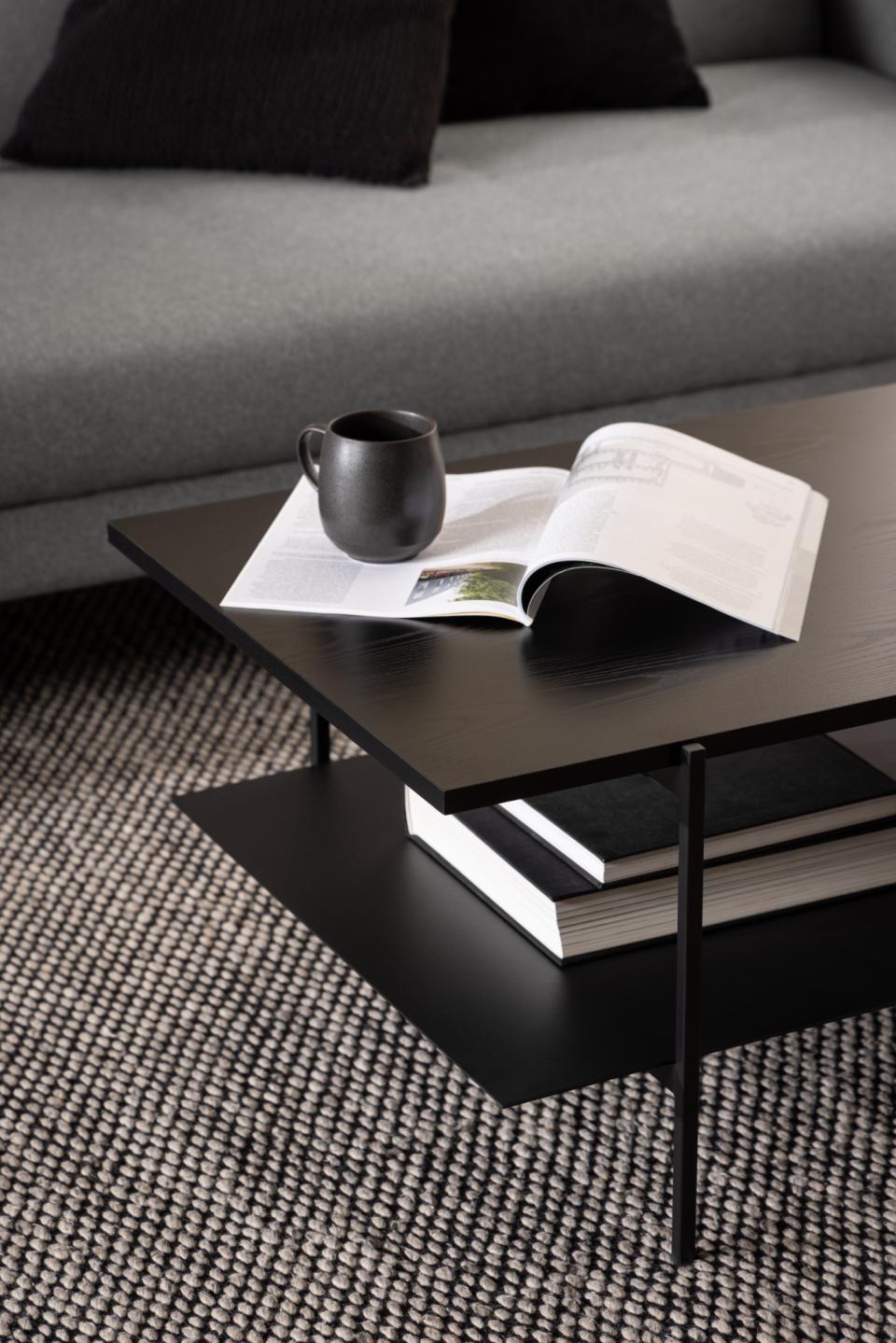 Angus rectangular coffee table, top ash black rough melamine, shelf and base matt black rough powder coated steel, 115x60x40 cm