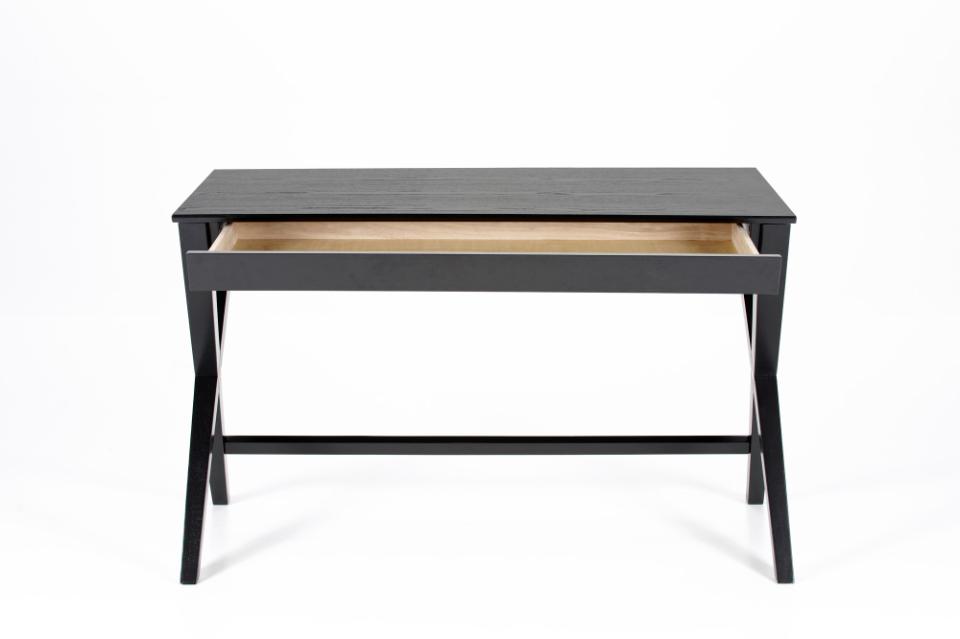 Writex rectangular office desk, top and drawer black AC lacquered oak veneer, cross base black AC lacquered rubberwood, with metal runners and wire hole, 120x60x75 cm